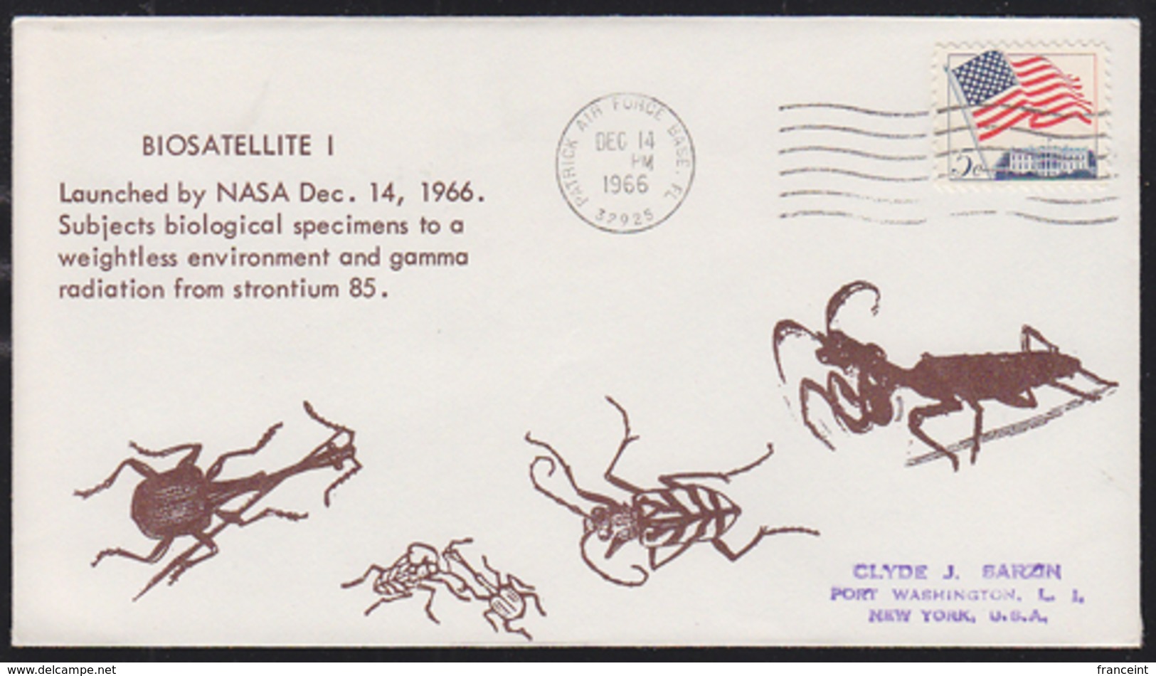 U.S.A. (1966) Various Insects. Illustrated Cachet On Envelope. Biosatellite I - Launched By NASA To Subject Insects To - Postal History
