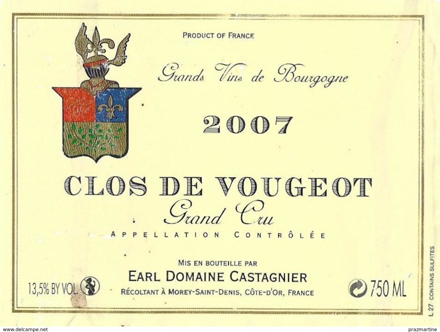 Etiquette Clos Vougeot 2007 Domaine Castagnier - Bourgogne