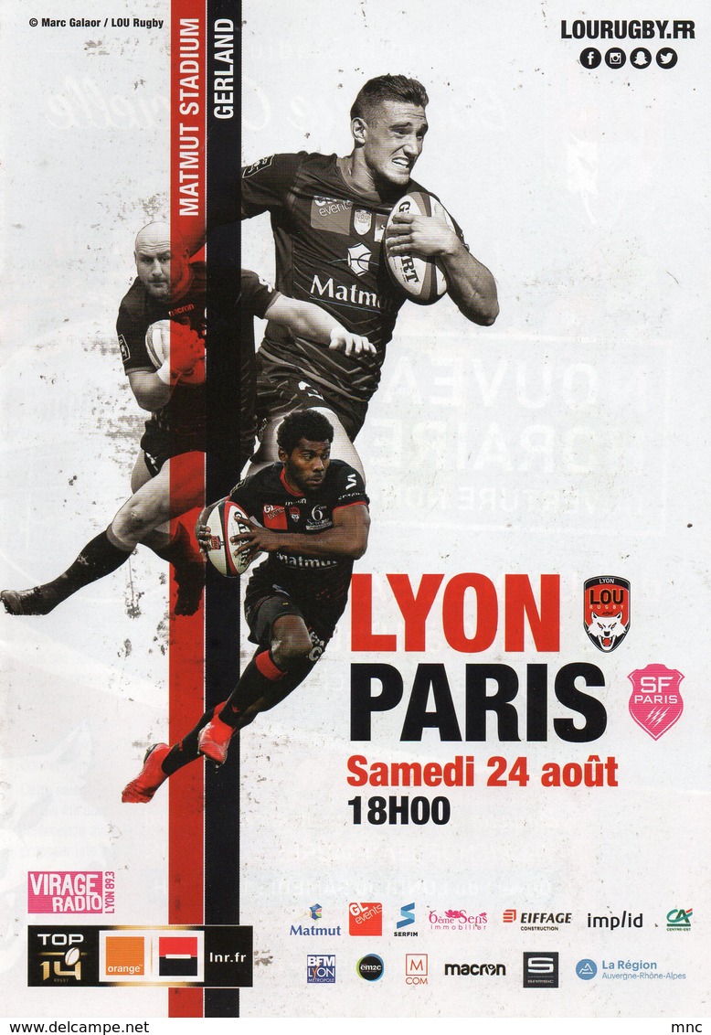 Programme Du Match De Top 14  LYON / STADE FRANCAIS Du 24 Août 2019 - Rugby