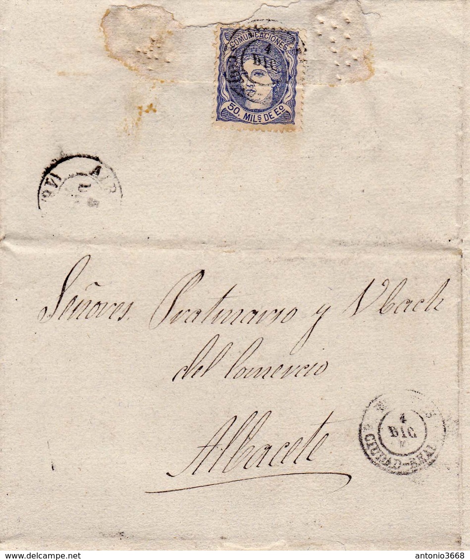 Año 1870 Edifil 107 50m Sellos Efigie Carta  De Terrinches Matasellos Infantes Ciudad Real A Albacete - Storia Postale