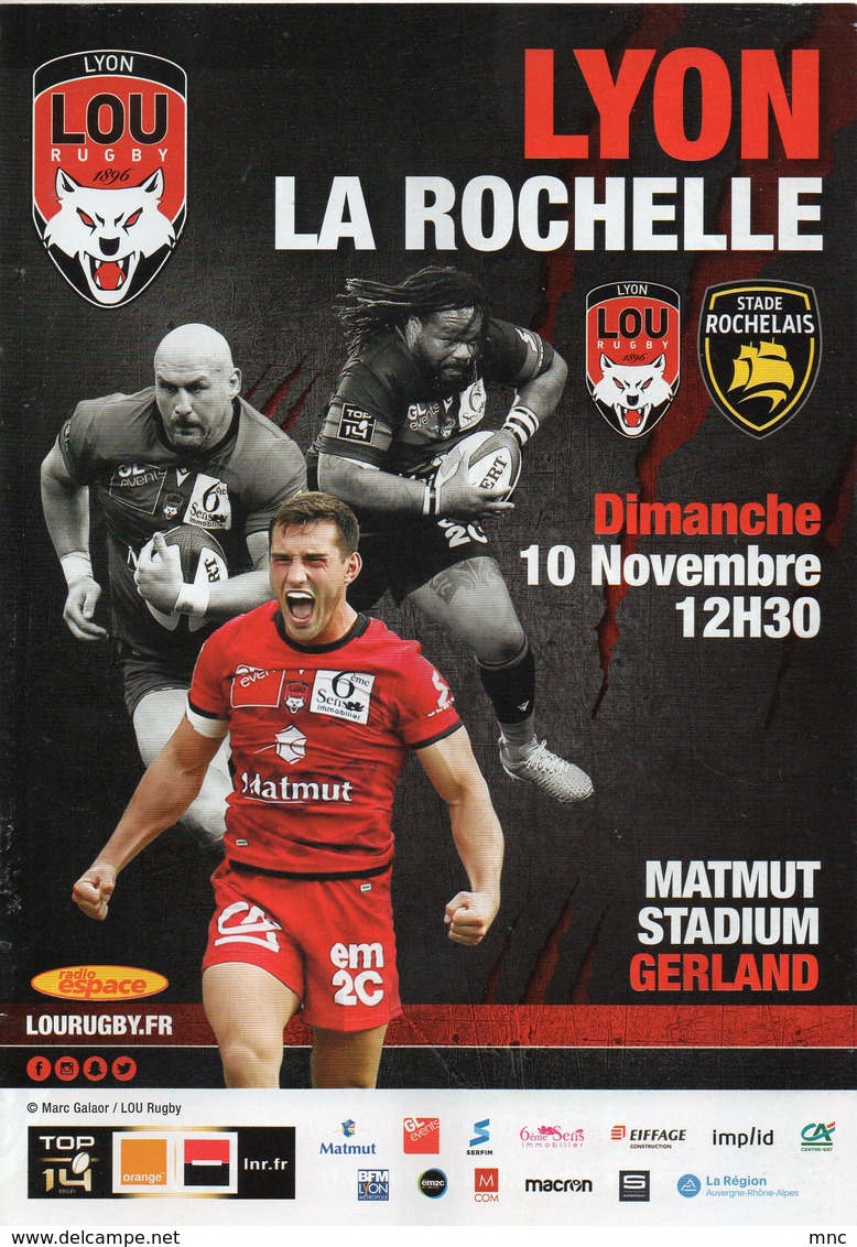 Programme Du Match De Top 14  LYON / LA ROCHELLE Du 10 Novembre 2019 - Rugby