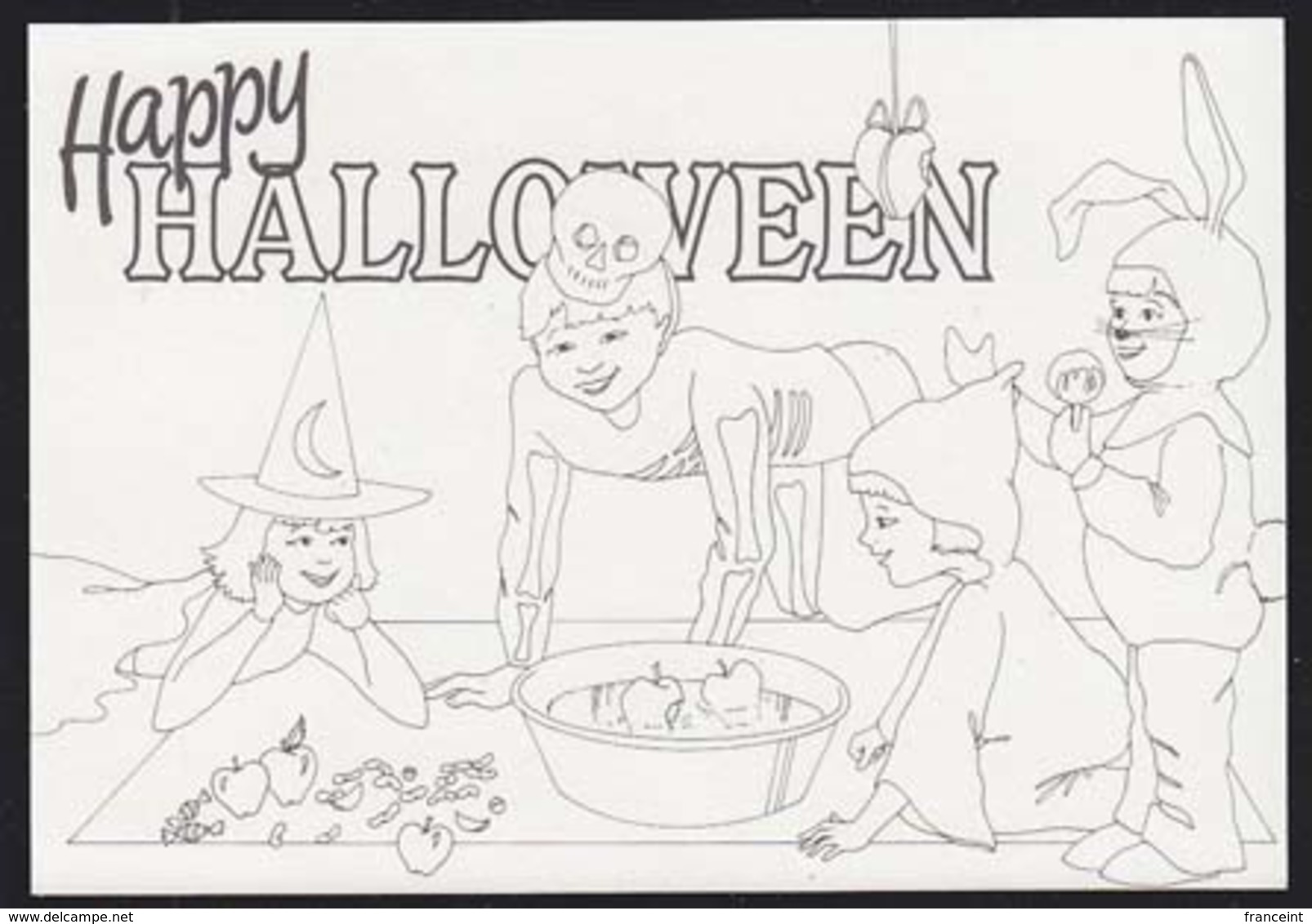 IRELAND (1990) Children Dressed In Halloween Costumes Bobbing For Apples. 15p Ilustrated Postal Card (used). - Interi Postali