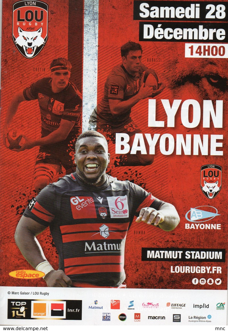 Programme Du Match De Top 14  LYON / BAYONNE Du 28 Décembre 2019 - Rugby