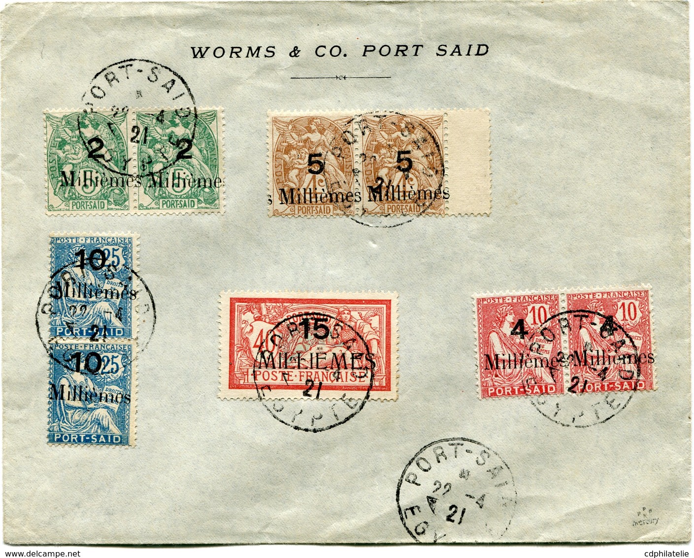 PORT-SAID ENVELOPPE A ENTETE "WORMS & CO. PORT SAID" AFFRANCHIE AVEC 2 X LES N°36/37/39/41 ET UN N°44 OBL DU 22-4-21 - Cartas & Documentos