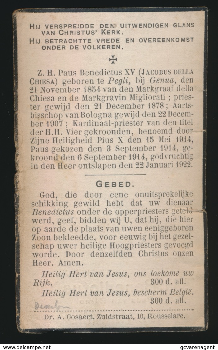 PAUS BENEDICTUS XV - PEGLI 1854 - VATICAAN 1922     2 SCANS - Décès