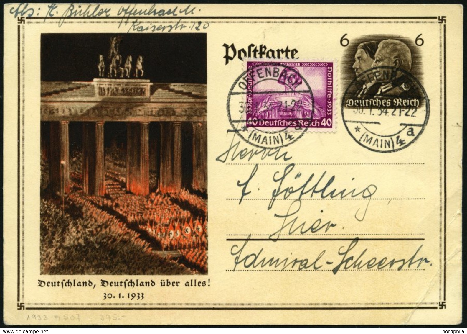 Dt. Reich 507 BRIEF, 1933, 40 Pf. Wagner, Prachtstück Auf überfrankierter Postkarte, Mi. (170.-) - Gebraucht