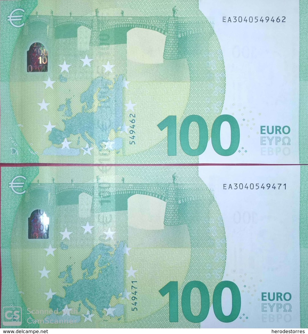 Paar Correlativ De 100 EURO FRANCE(EA) E005A1 First Position DRAGHI, Diseño 2019, Uncirculated - 100 Euro