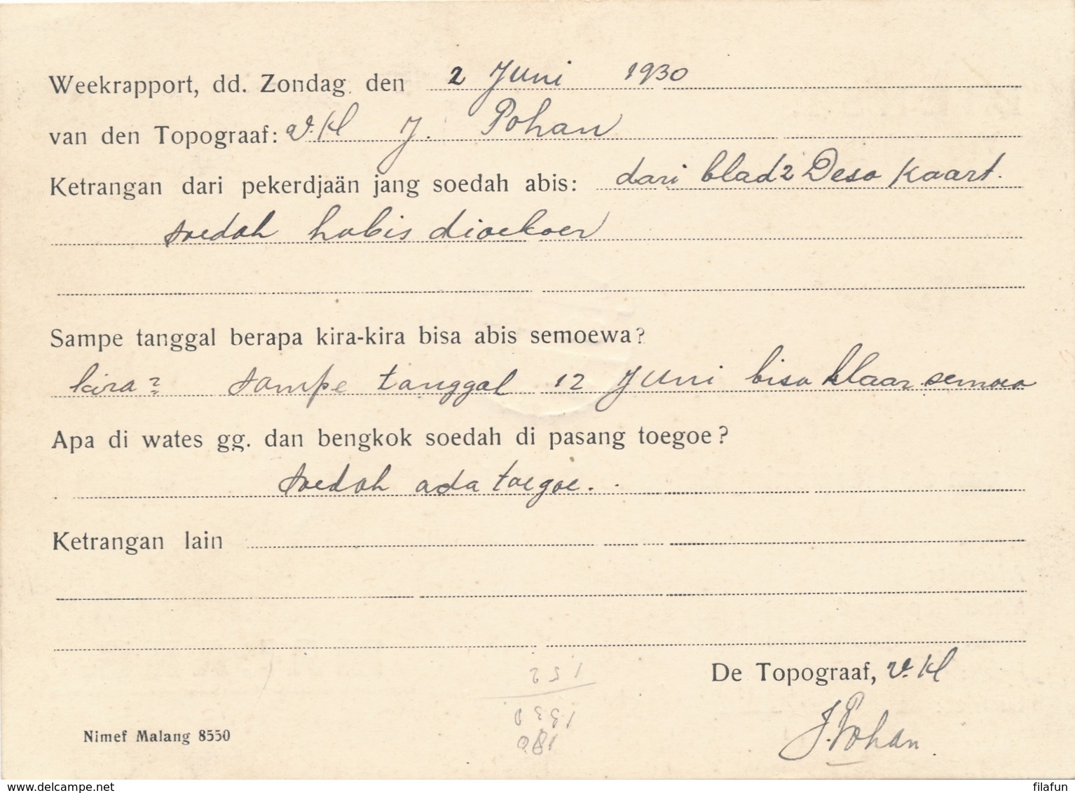 Nederlands Indië - 1930 - Portvrije Dienstkaart Van LB SOEMBERPOETJOENG Naar LB Malang - Indes Néerlandaises