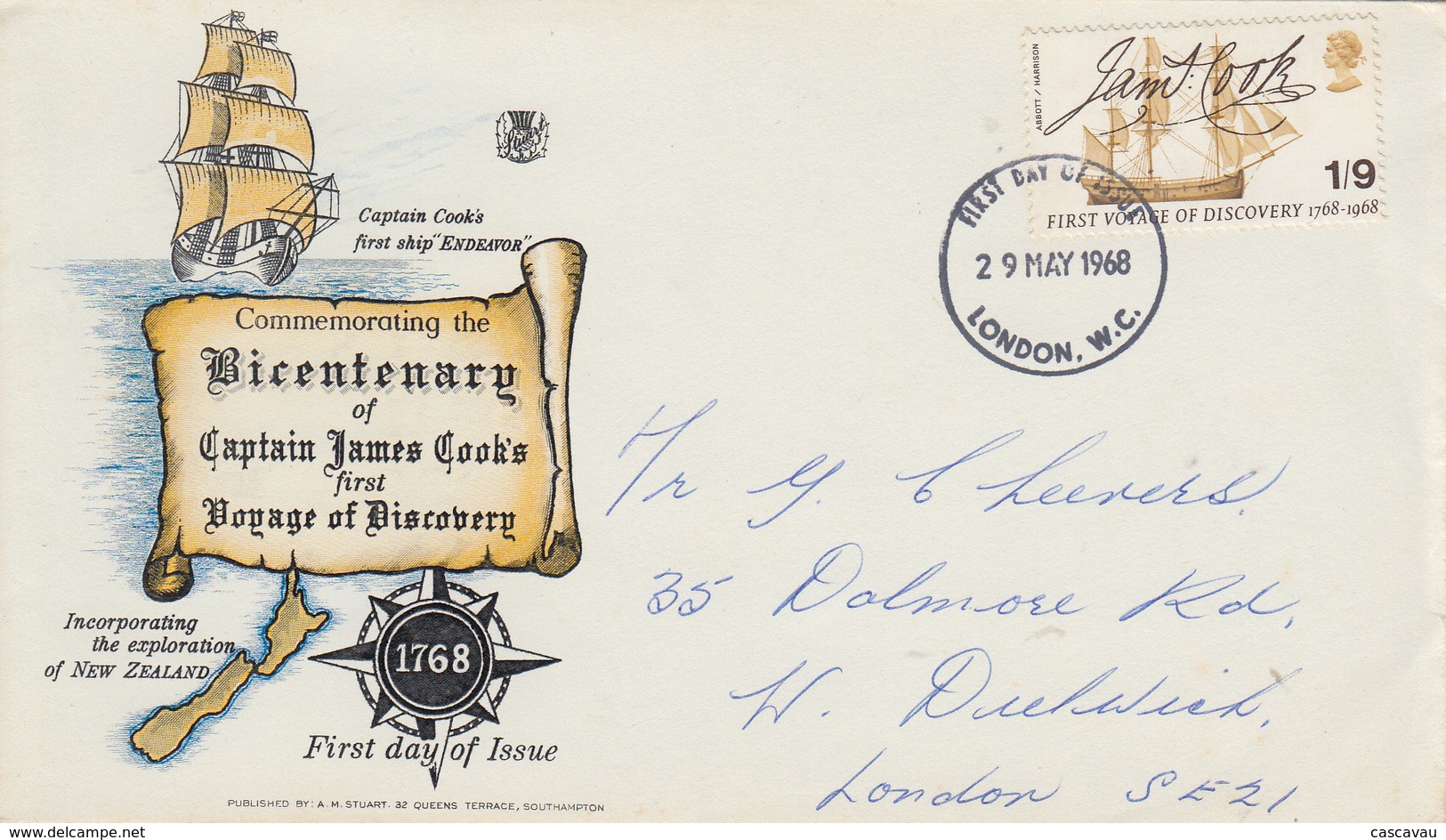 Enveloppe  FDC  1er   Jour   GRANDE  BRETAGNE    Bicentenaire  Du  1er  Voyage  De   JAMES  COOK   1968 - 1952-1971 Pre-Decimal Issues