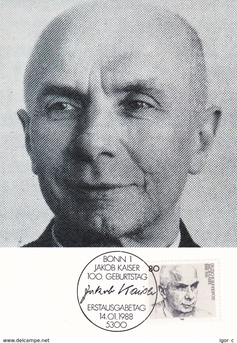 Germany Maximum Card 1988: Politics; Famous People Jakob Kaiser - CDU Mitbegründer - Sonstige & Ohne Zuordnung