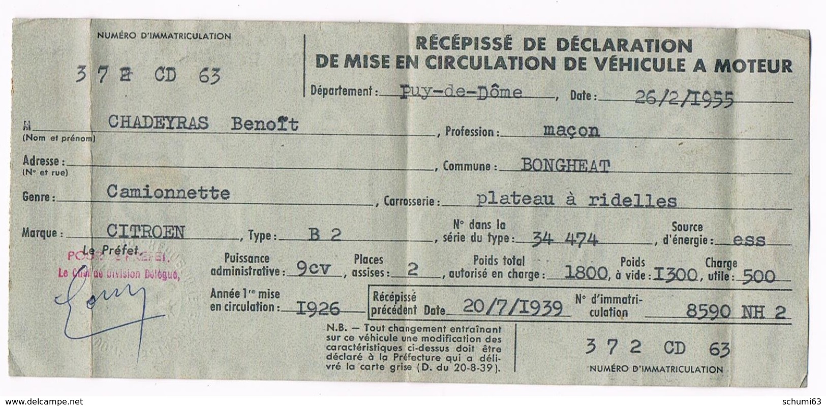 D 63 - Bongheat - Ancien Récépissé Déclaration Mise En Circulation Véhicule à Moteur -1955-  Timbre Fiscal Gratis - 6340 - Autres & Non Classés