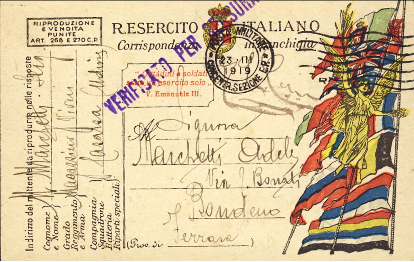 1919- Cartolina In Franchigia Con Annullo Di Posta Militare Concentramento Sezione E.R.e Bollo Verificato Per Censura - Guerra 1914-18