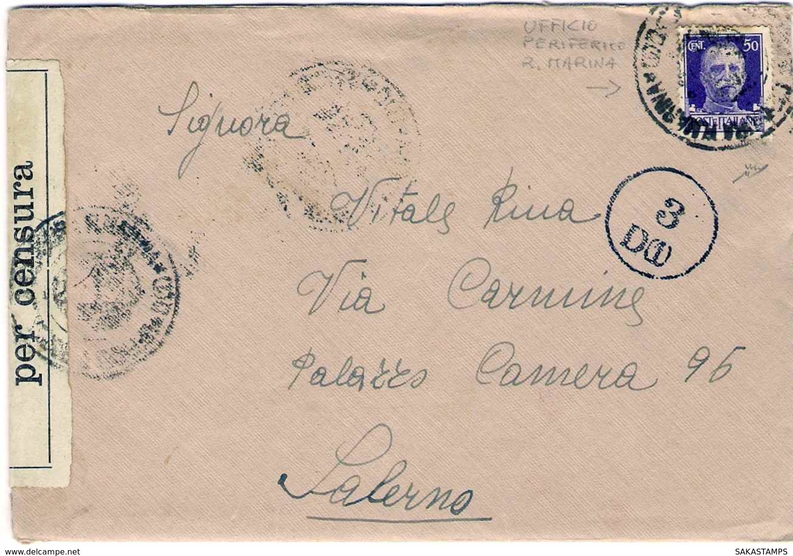 1942- Busta Affrancata 50c.Imperiale Annullato Ufficio Periferico R.Marina.Fascetta E Bolli Di Censura.Firmata Chiavarel - Storia Postale