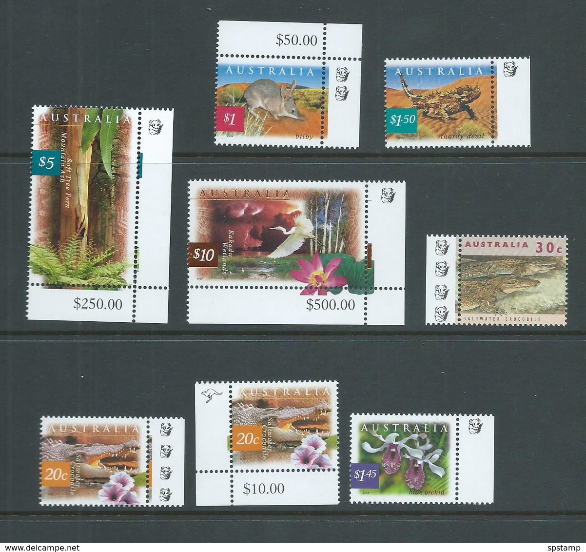 Australia 2000 's Definitives X 8 To $10 Kakadu , All Marginal With Kangaroo Or Koala Reprint Symbols MNH - Mint Stamps