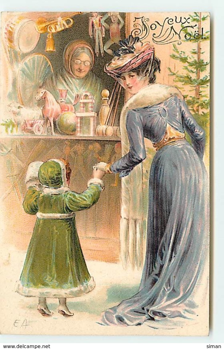 N°14080 - Carte Gaufrée - Joyeux Noël - Une Femme Avec Sa Fillette Près D'une Marchande De Jouets - Other & Unclassified