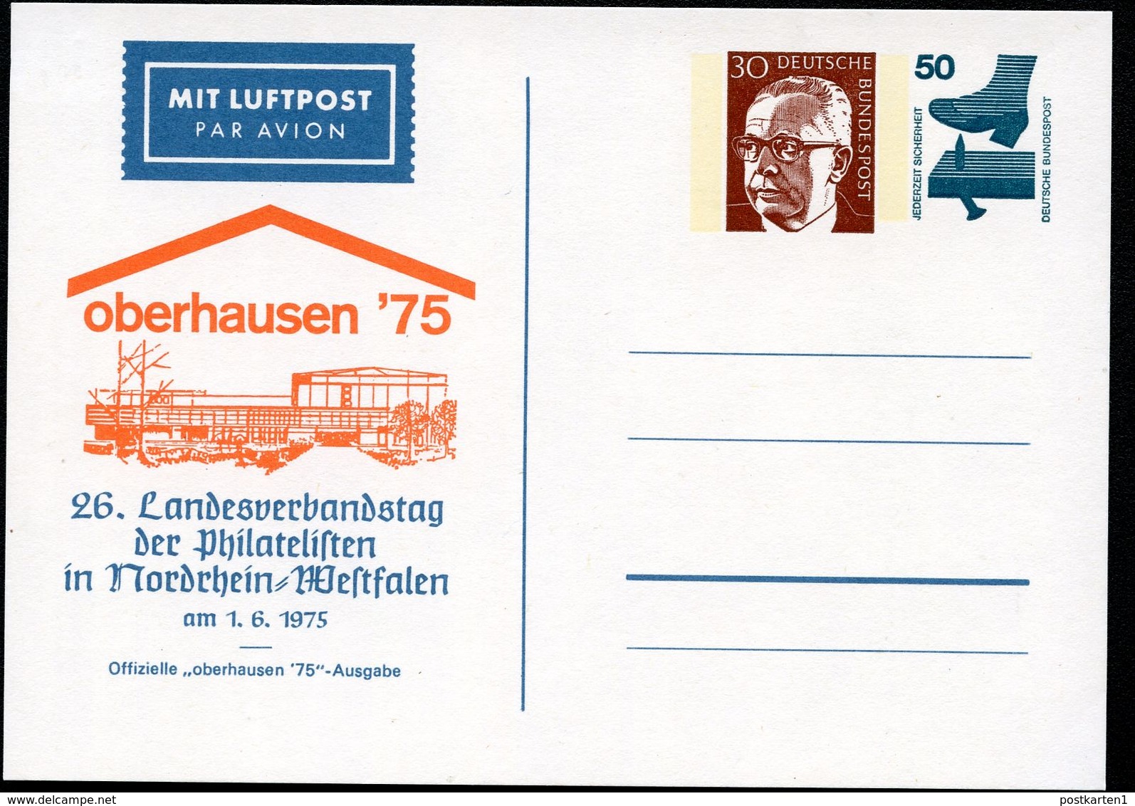 Bund PP89 D2/001 OBERHAUSEN LANDESVERBANDSTAG 1975  NGK 8,00 € - Cartes Postales Privées - Neuves