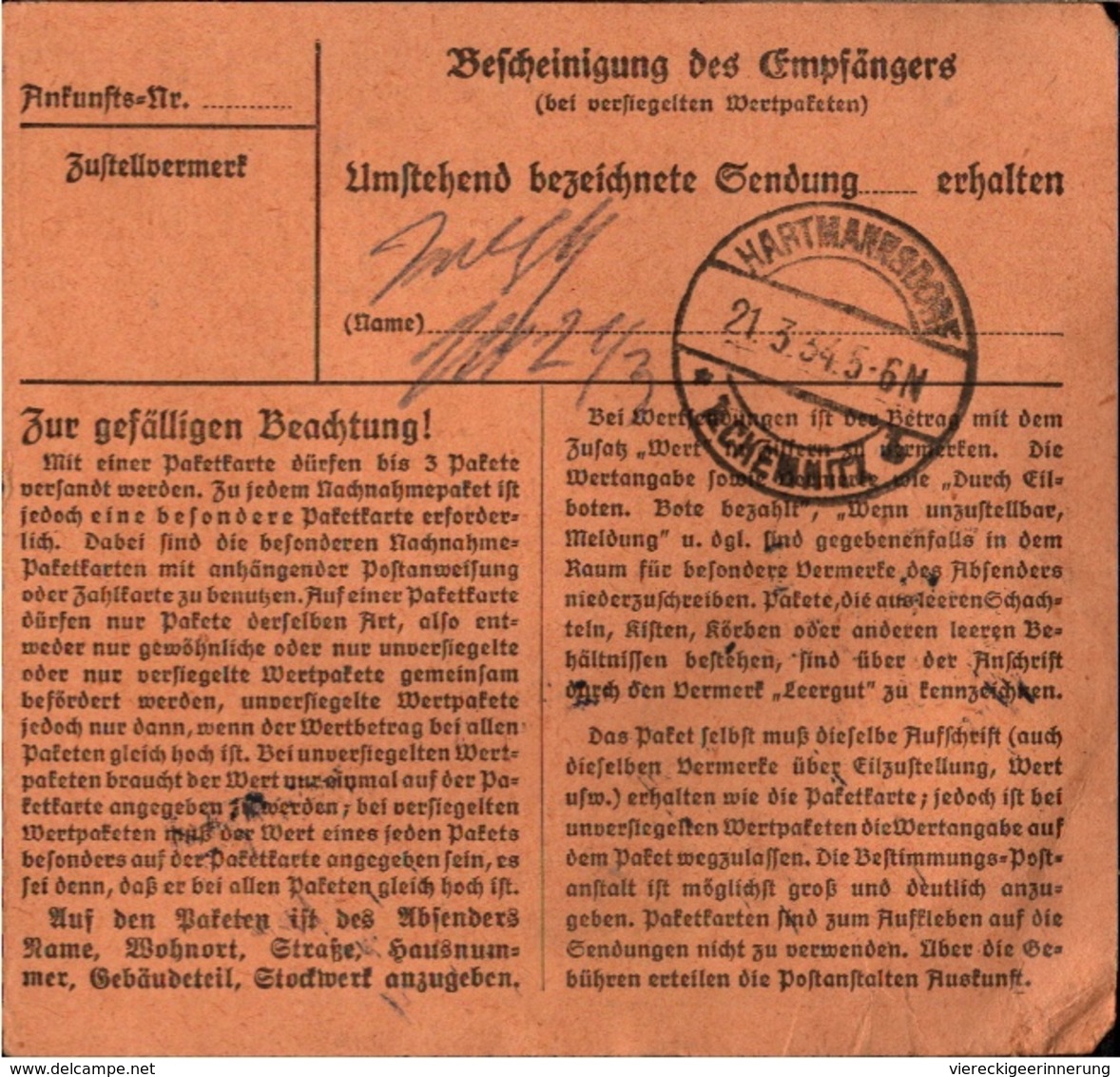! 1934 Paketkarte Deutsches Reich, Coppenbrügge N. Hartmannsdorf - Briefe U. Dokumente