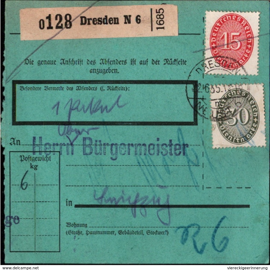 ! 1935 Paketkarte Deutsches Reich, Dresden N6 Nach Leipzig, Sachsen, Dienstmarken - Lettres & Documents