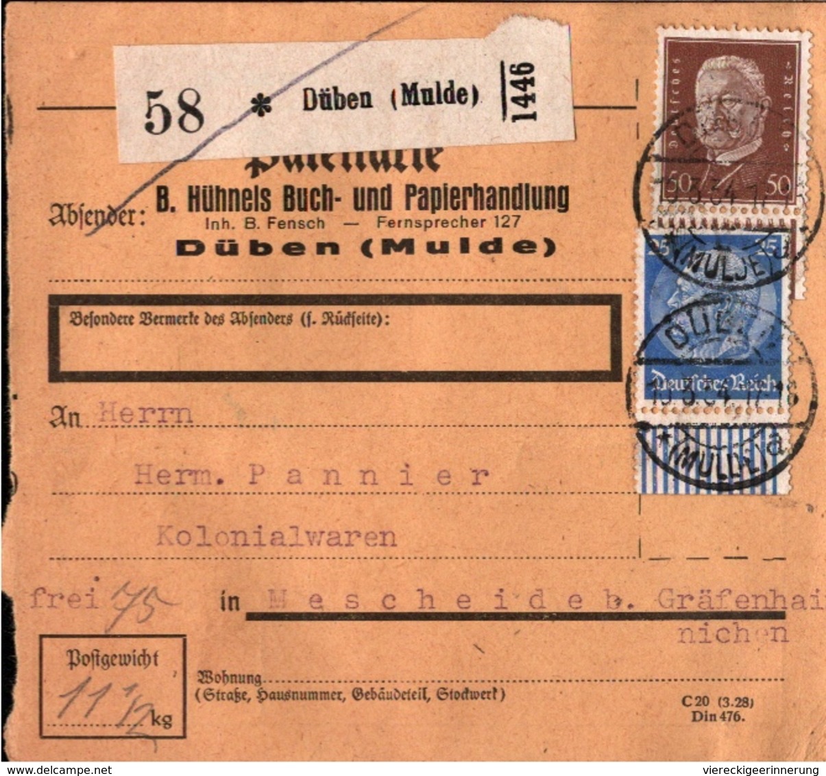 ! 1934 Paketkarte Deutsches Reich, Düben An Der Mulde, Bogenrand - Briefe U. Dokumente