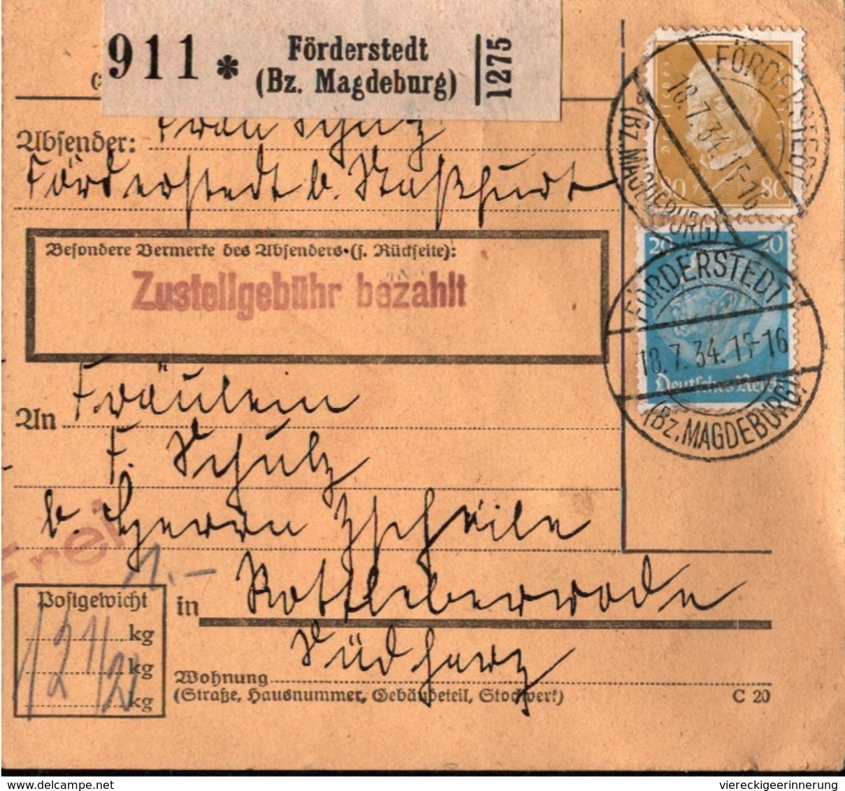 ! 1934  Paketkarte Deutsches Reich, Förderstedt  Nach Rottleberode - Storia Postale