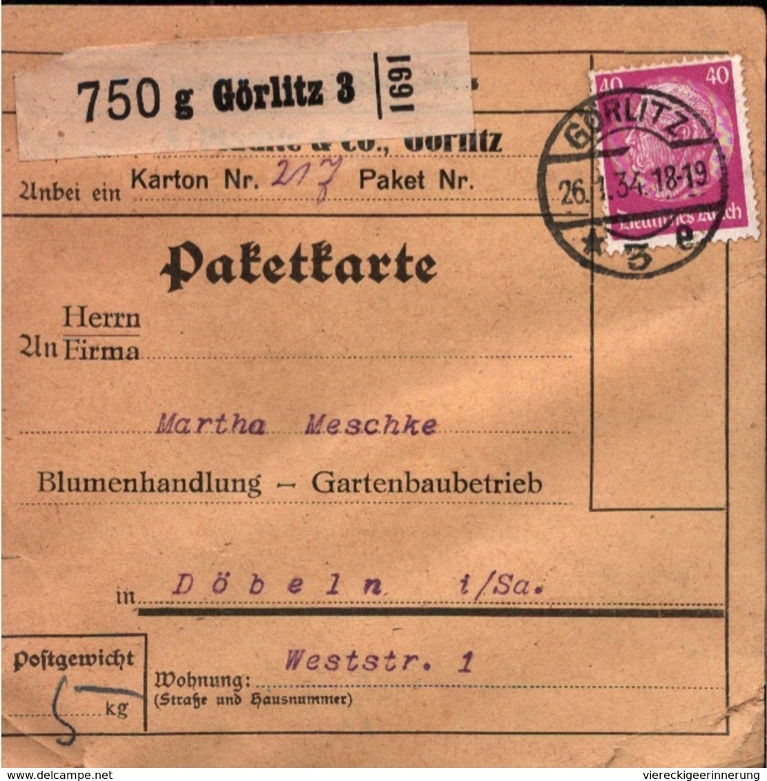 ! 1934  Paketkarte Deutsches Reich, Görlitz Nach Döbeln - Lettres & Documents