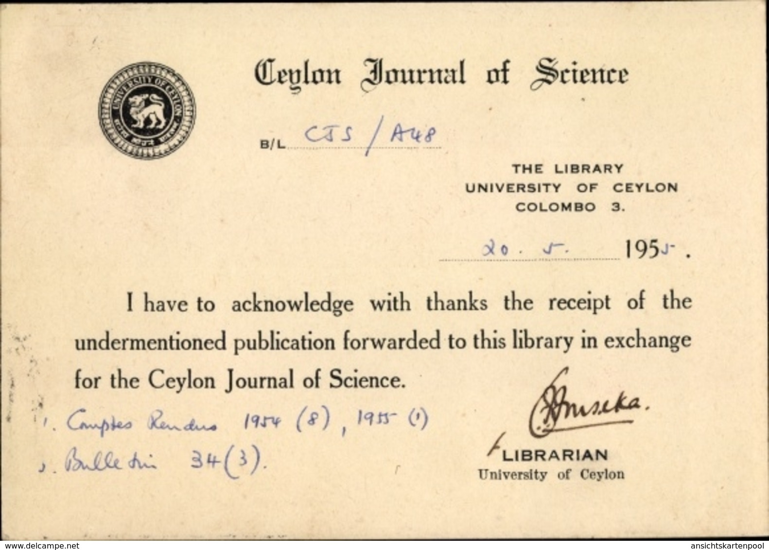 Cp Colombo Ceylon Sri Lanka, Ceylon Journal Of Science - Sri Lanka (Ceylon)