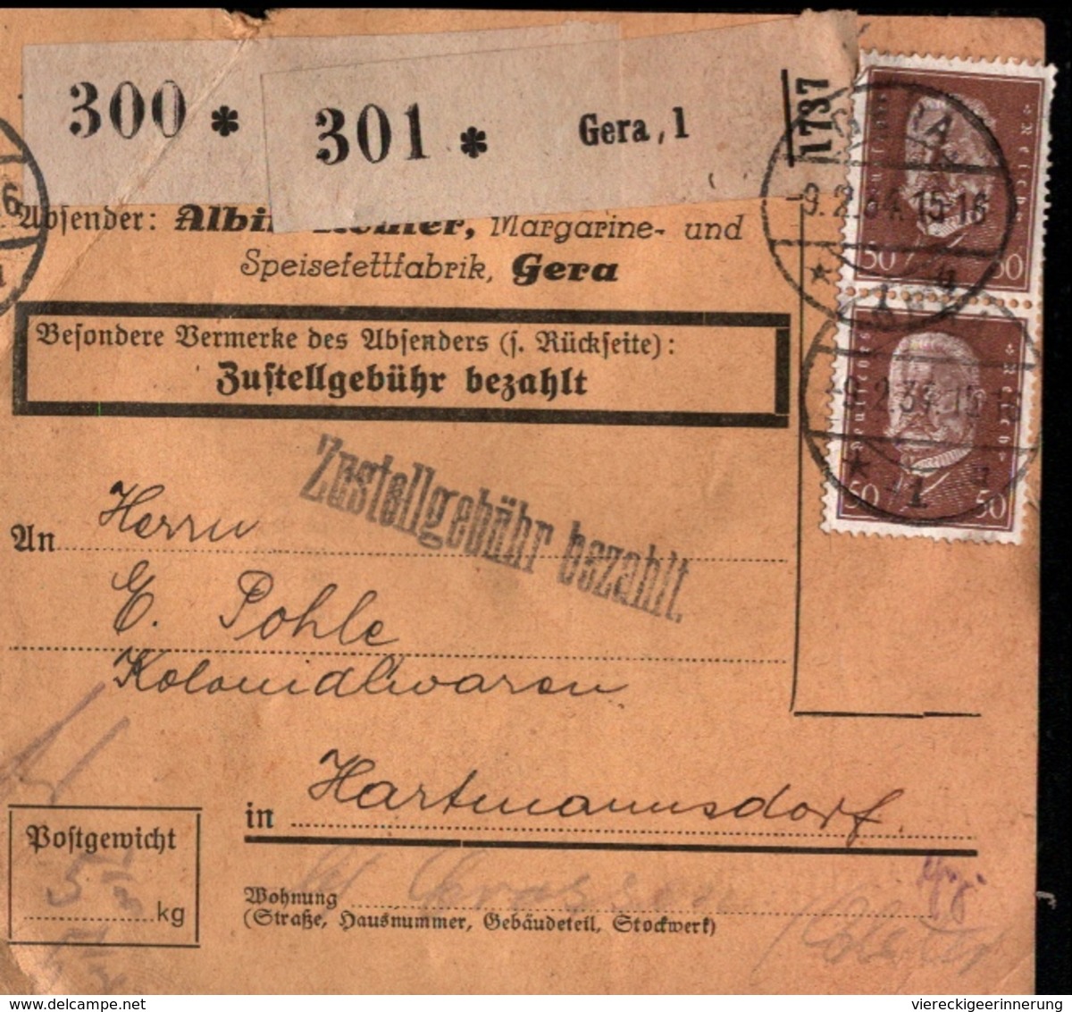 ! 1934  Paketkarte Deutsches Reich, Gera N. Hartmannsdorf - Brieven En Documenten