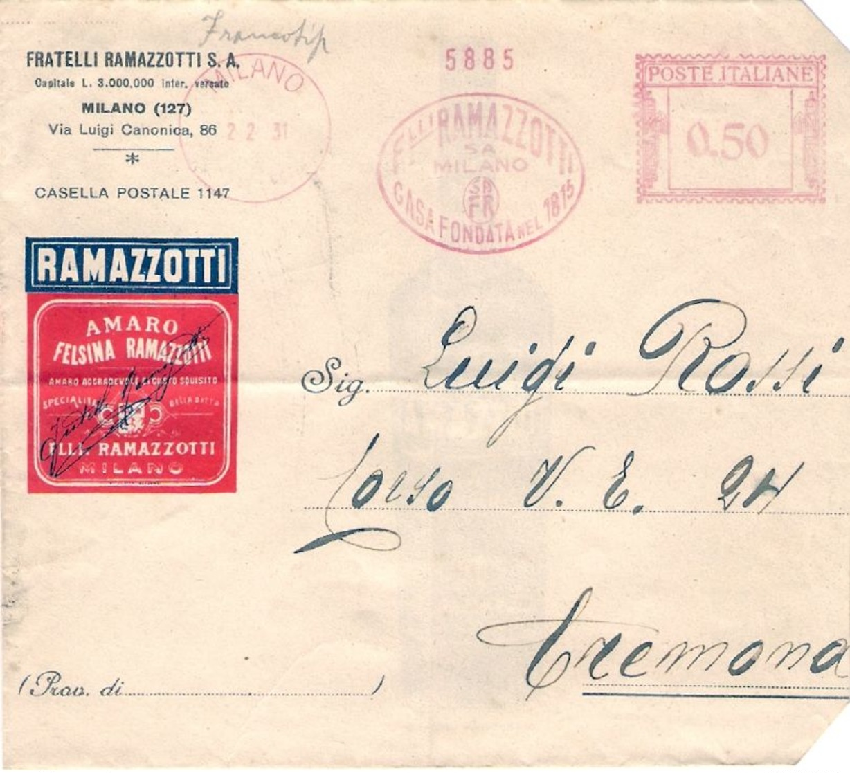 1931-busta (rifilata A Destra)della Ramazzotti Con Affrancatura Meccanica Rossa 50c. Ramazzotti Milano Casa Fondata Nel - Storia Postale