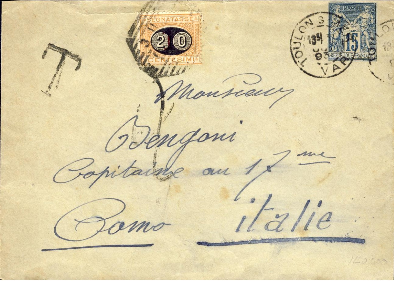 1893-France Francia Cat.Sassone Euro 200 Biglietto Postale 15c.,in Arrivo Segnatasse 20c. Su 1c. Mascherine Diretta In I - 1877-1920: Semi Modern Period