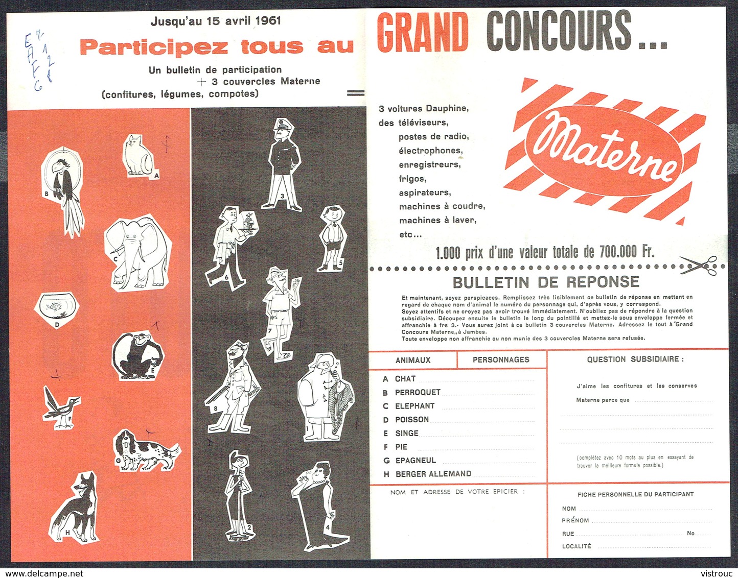 Insert Publicitaire à Spirou N°1196 Du 16/3/1961 - Concours "MATERNE". - Spirou Magazine