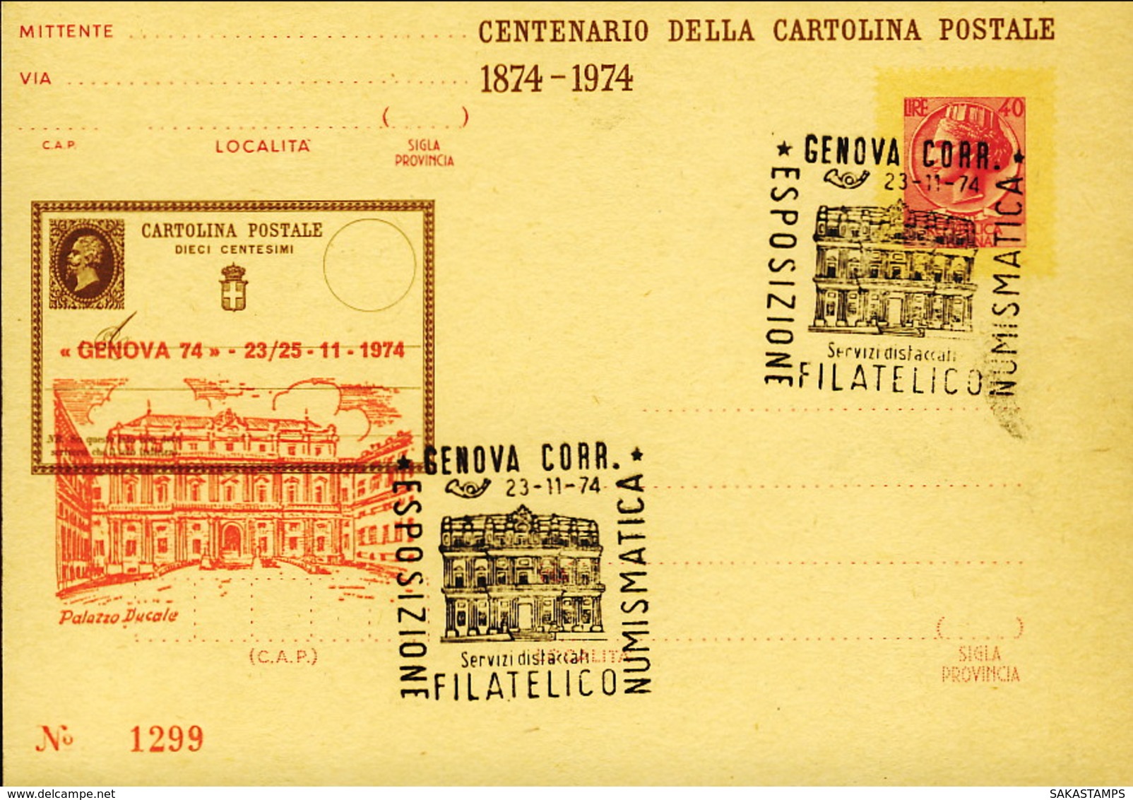 1974-centenario Della Cartolina Postale L.40 Soprastampato Genova 74 + Cachet Esposizione Filatelico Numismatica Palazzo - Interi Postali