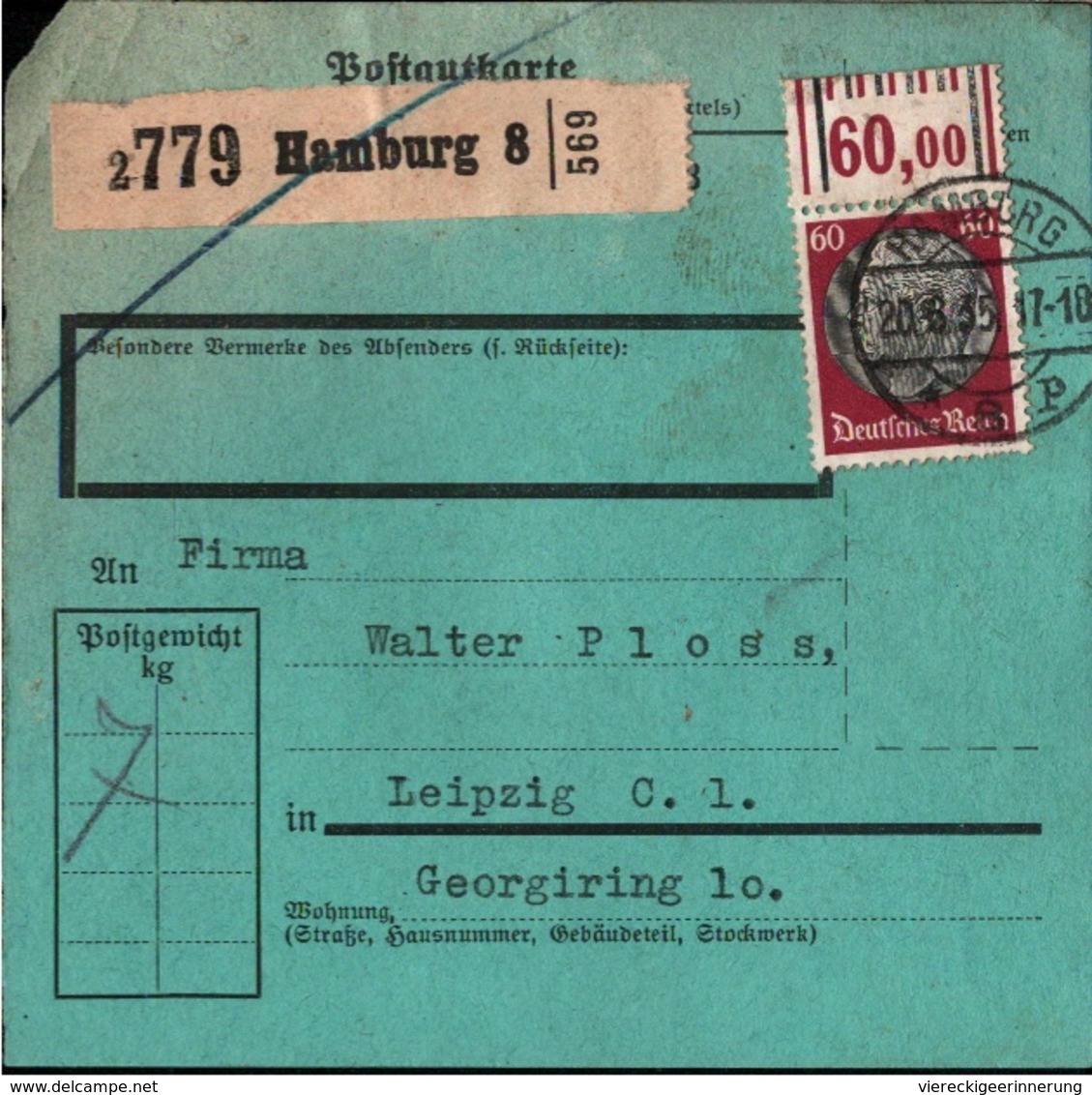 ! 1935 Paketkarte Deutsches Reich, Hamburg 8 Nach Leipzig, Bogenrand - Lettres & Documents