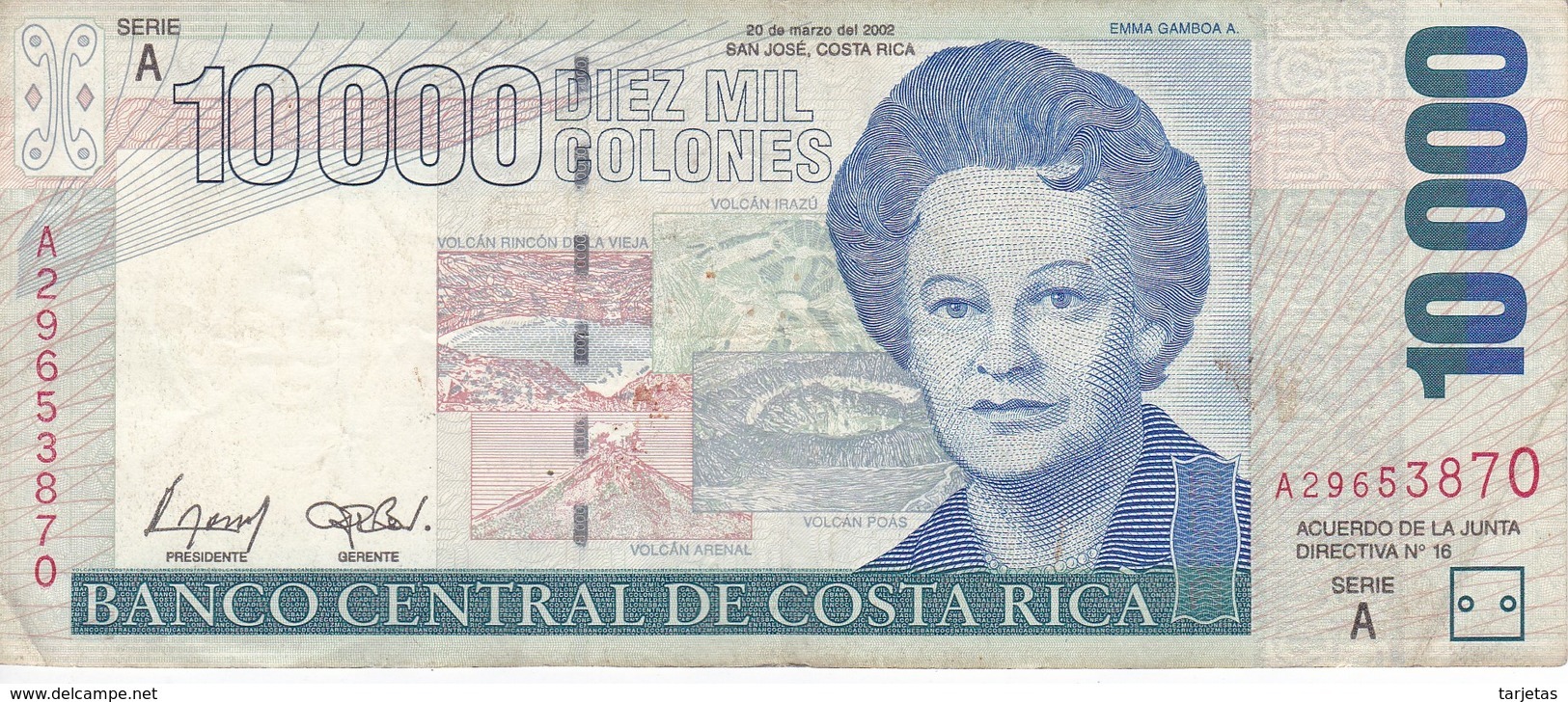 BILLETE DE COSTA RICA DE 10000 COLONES DEL AÑO 2002 (PUMA)  (BANKNOTE) - Costa Rica