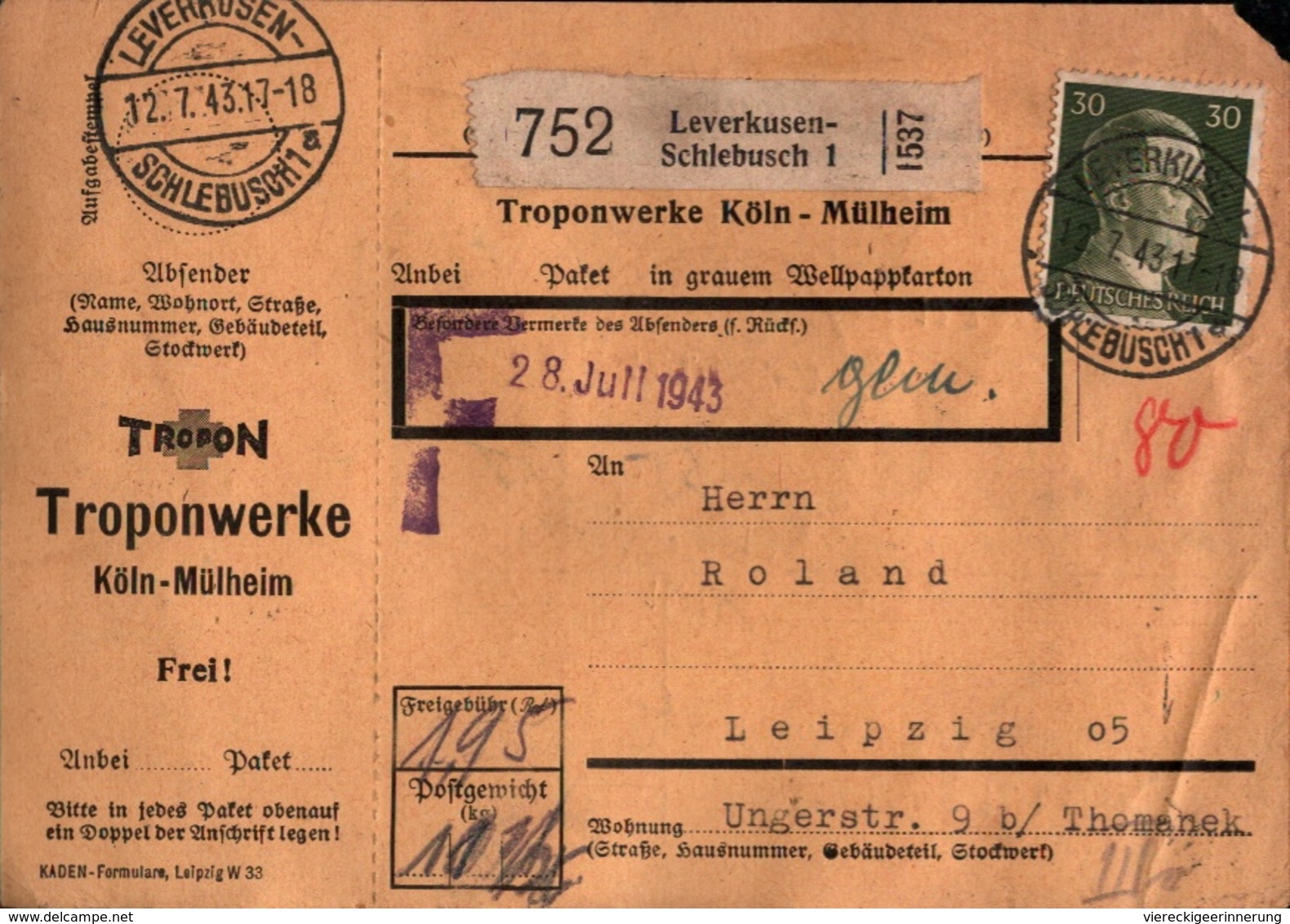 ! 1943 Paketkarte Deutsches Reich, Leverkusen Schlebusch Nach Leipzig, Troponwerke Köln Mülheim - Briefe U. Dokumente