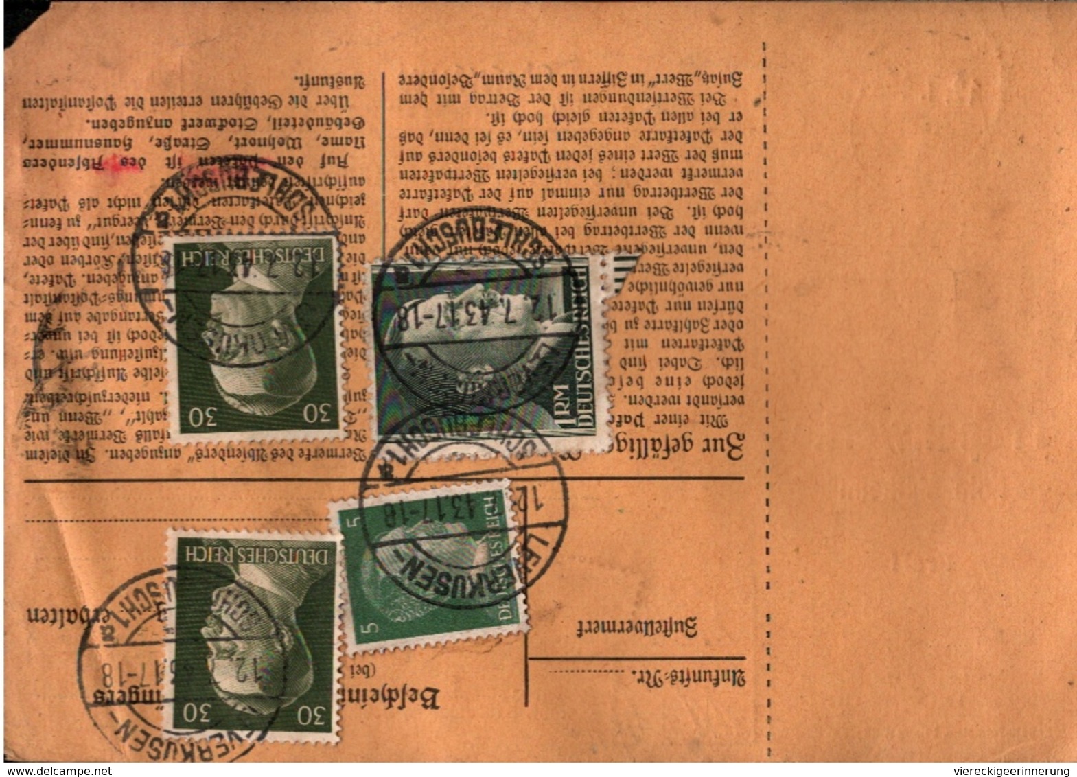 ! 1943 Paketkarte Deutsches Reich, Leverkusen Schlebusch Nach Leipzig, Troponwerke Köln Mülheim - Briefe U. Dokumente