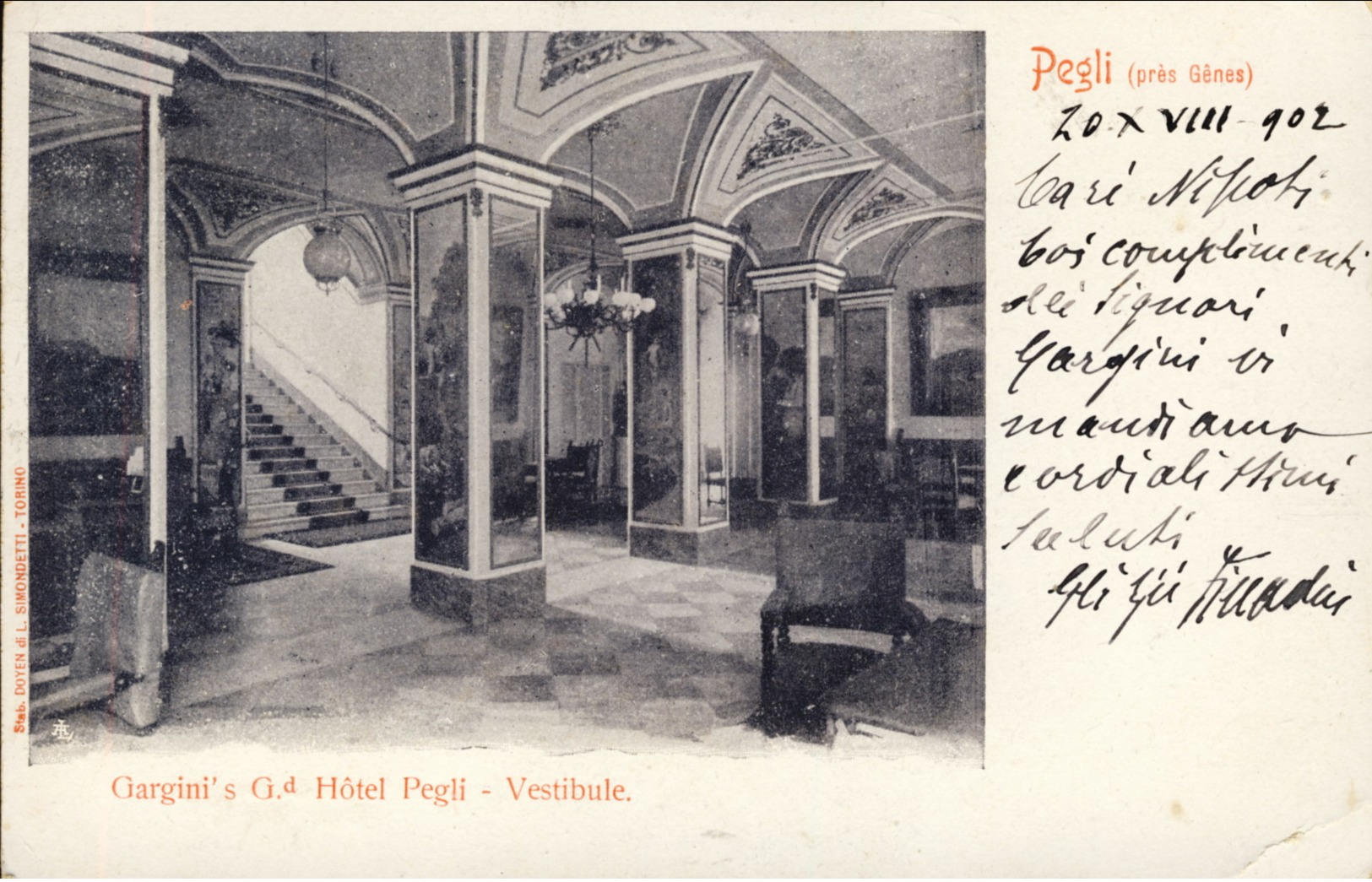 1902- Cartolina Pegli Grand Hotel Gargini Vestibolo Annullo Di Ambulante Ventimiglia Genova - Genova