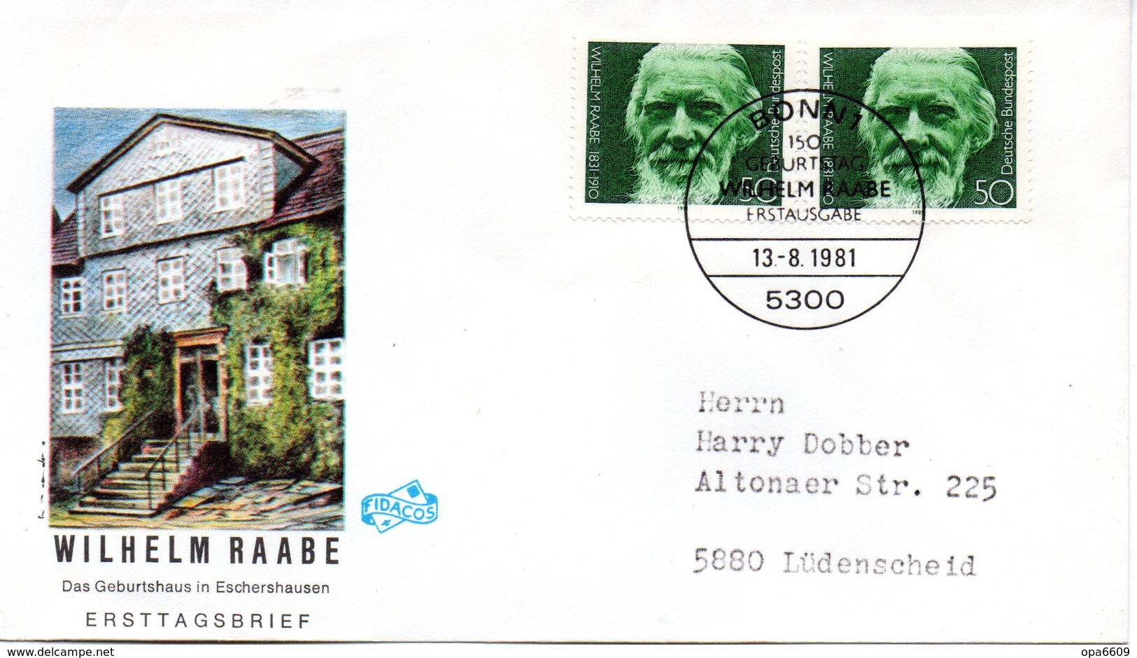 BRD Schmuck-FDC "150. Geburtstag Von Wilhelm Raabe" 2x Mi.1104  ESSt BONN 1, 13.8.1981 - Sonstige & Ohne Zuordnung