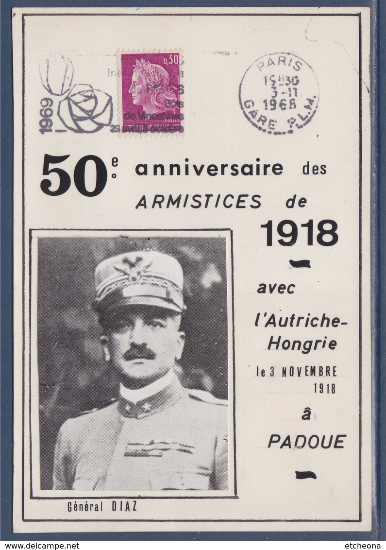 = 50è Anniversaire Armistices De 1918 Avec L'Autriche-Hongrie Le 3.11 à Padoue Flamme Paris Gare PLM 3.11.68 N°1536 - Bolli Commemorativi