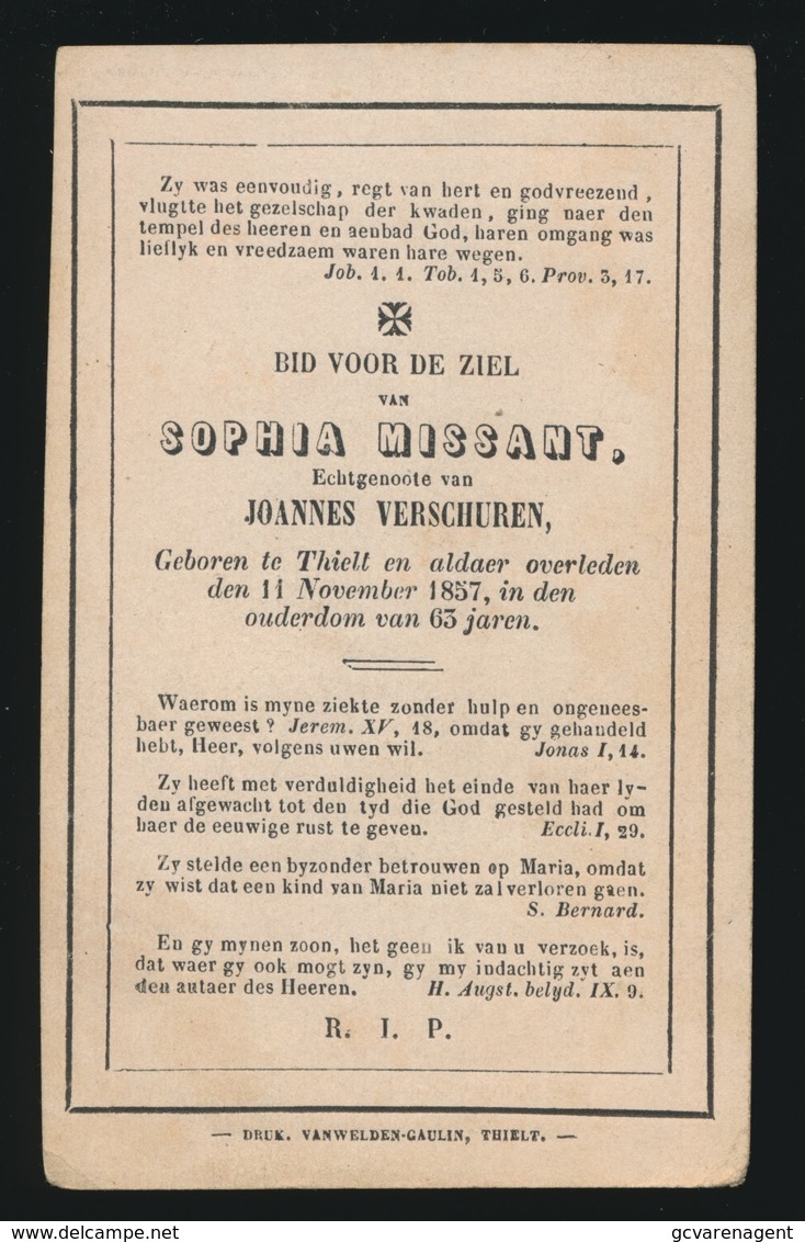 SOPHIA MISSANT TIELT -  1857     63 JAAR OUD - Avvisi Di Necrologio