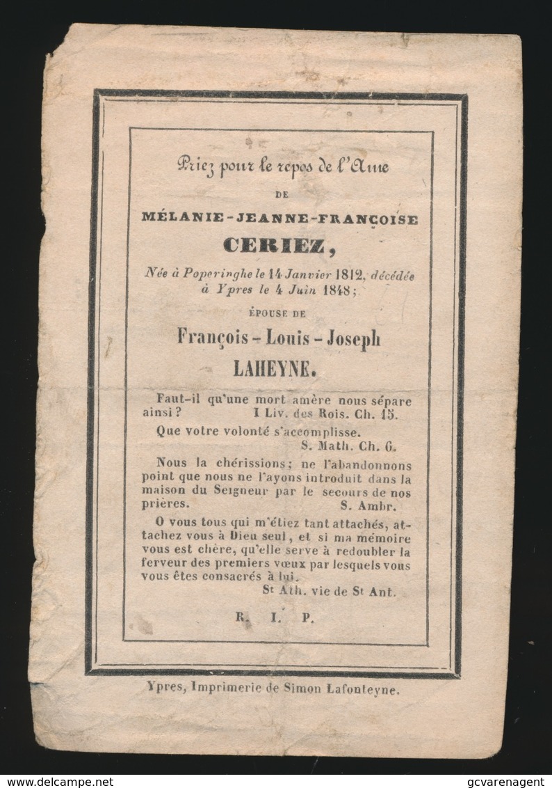 MELANIE CERIEZ - POPERINGE 1812 - IEPER 1848 - Décès