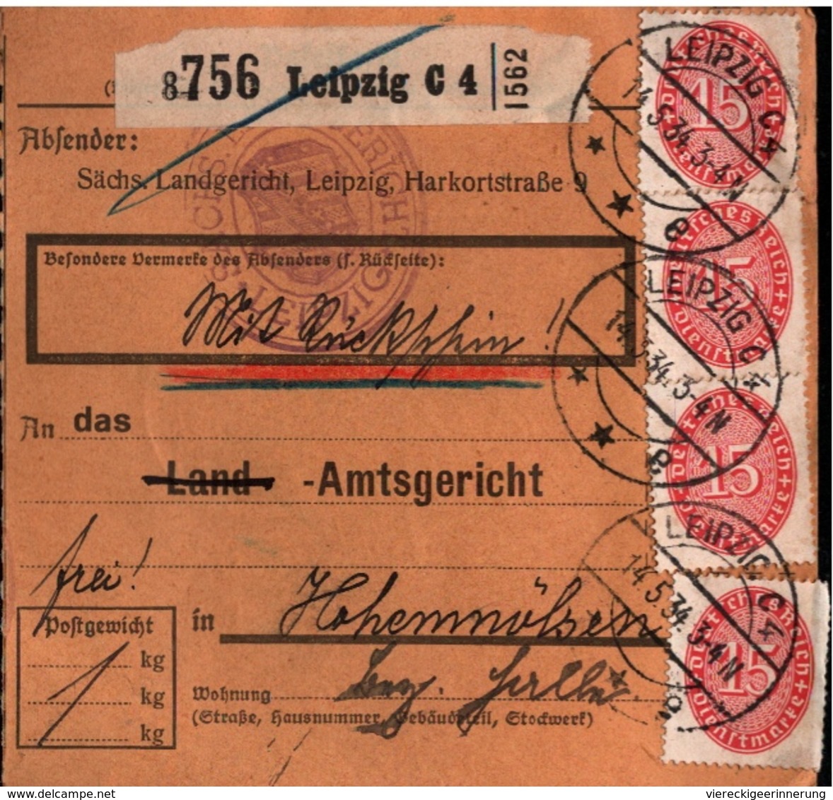 ! 1934 Paketkarte Deutsches Reich, Leipzig C4, Landgericht Nach Hohenmölsen, Dienstmarken - Briefe U. Dokumente