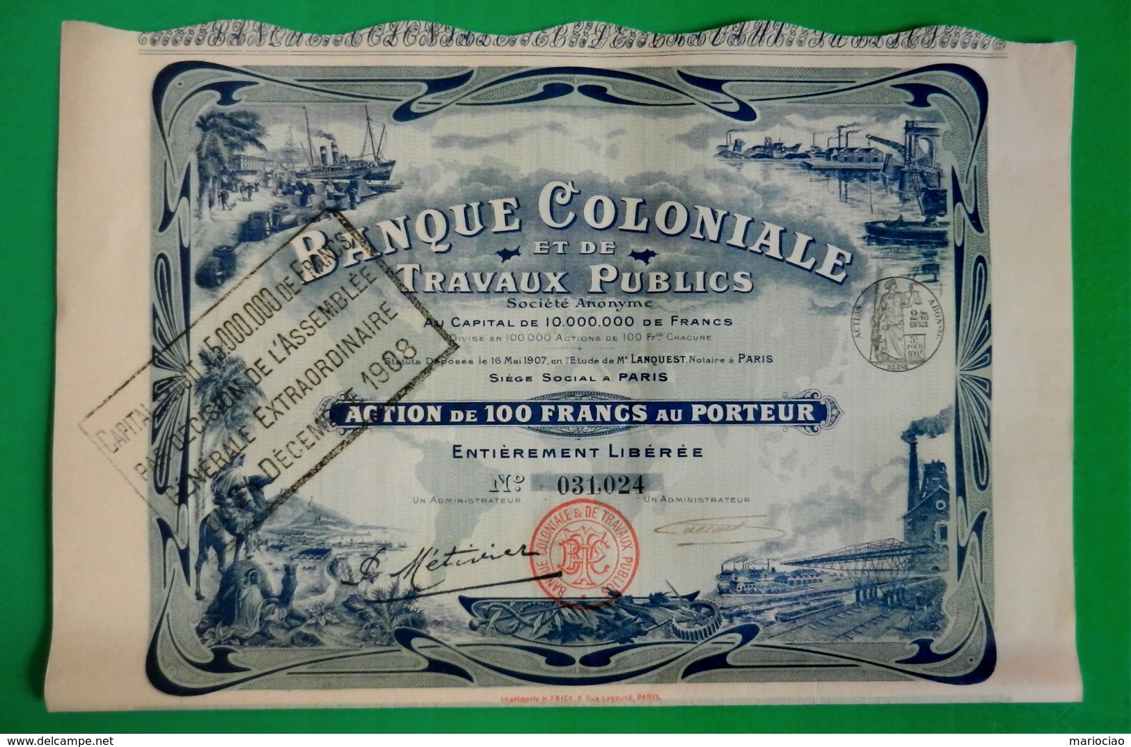 T-FR Banque Coloniale Et De Travaux Publics 1907 N.31024 - Bank & Insurance