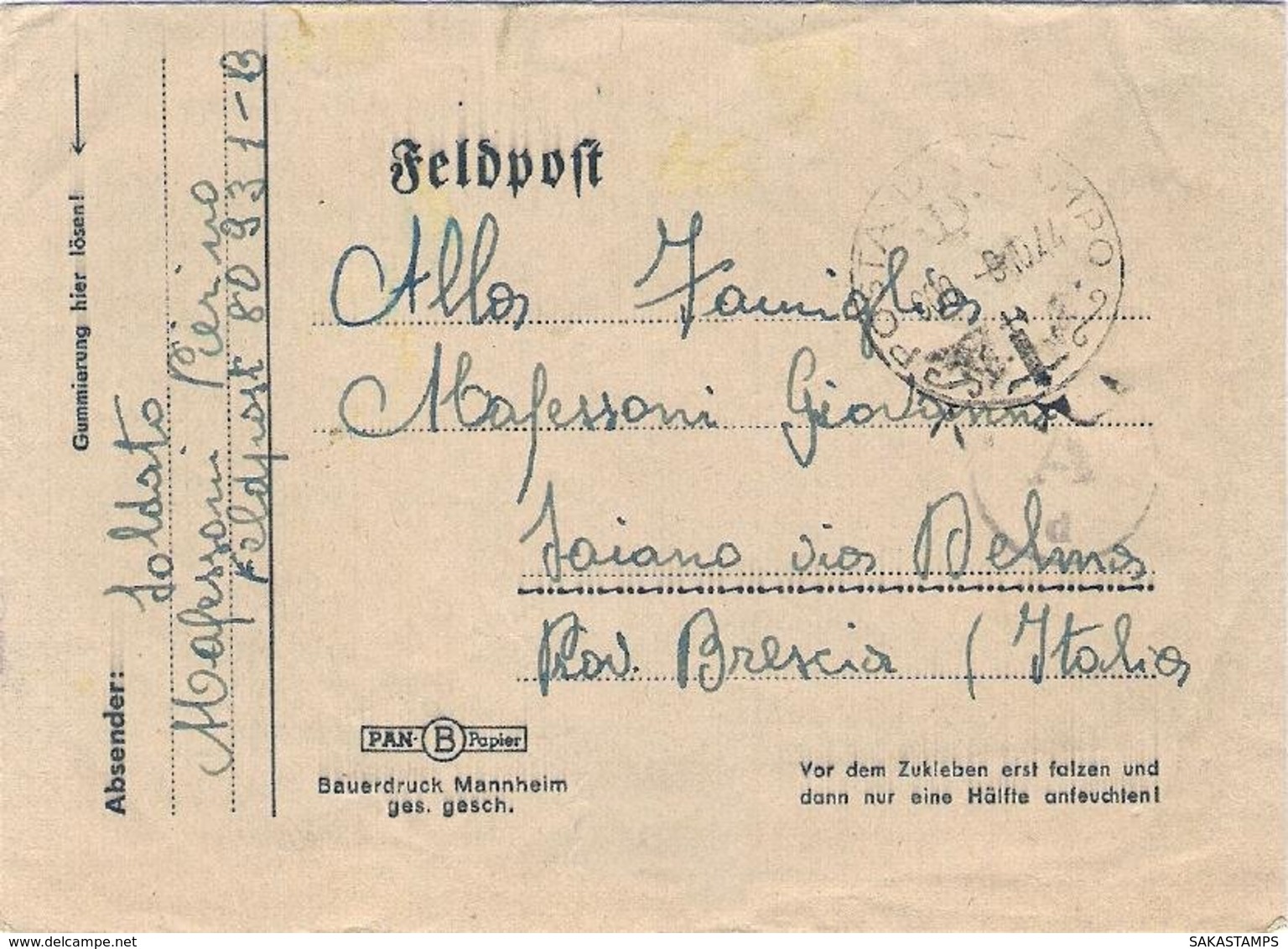 1944-busta Non Affr. "Posta Da Campo / D / 9.10.44" Indicazione Manoscritta Feldpost 80931 B - Marcophilie
