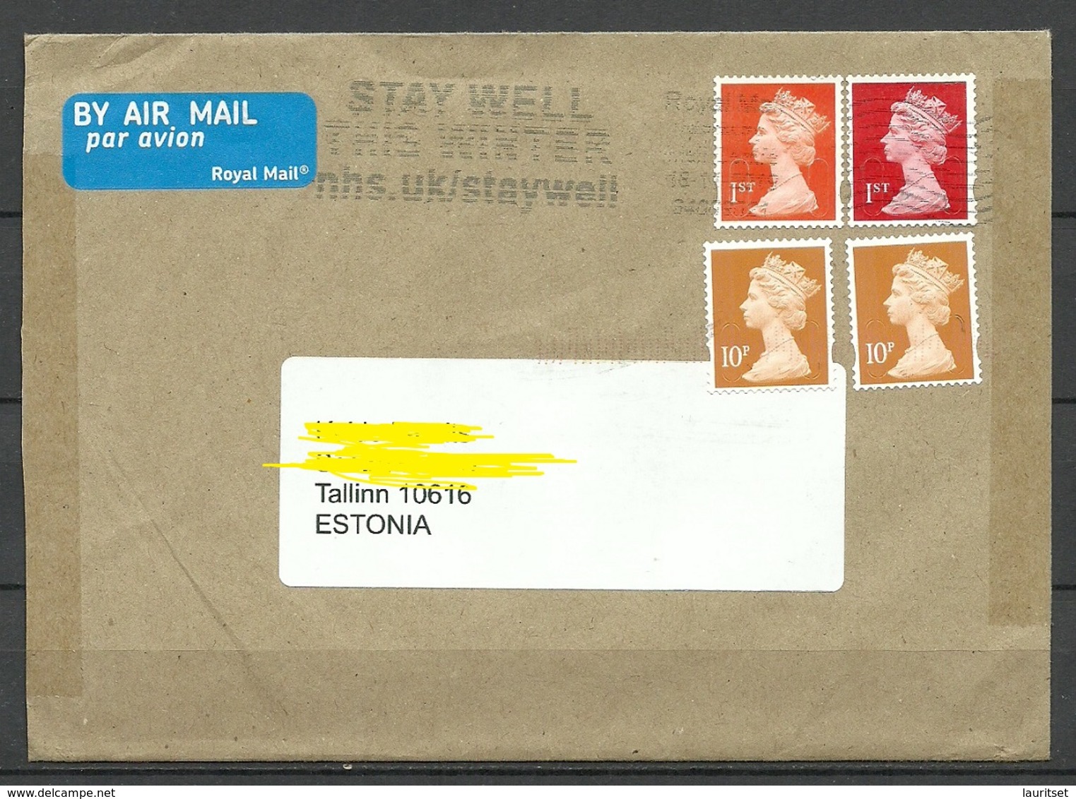 GREAT BRITAIN 2019 Air Mail Cover To Estonia Queen Elizabeth II + Cachet Stay Well This Winter - Covers & Documents