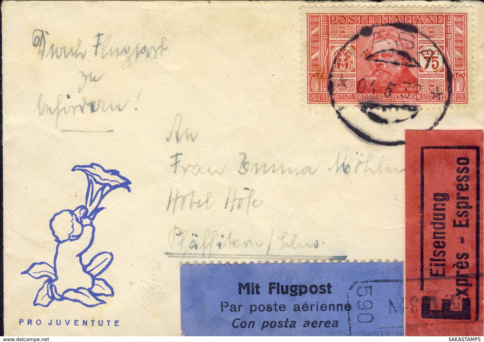 1932- Biglietto Da Visita Per Via Aerea Diretto In Svizzera Affr. 75c. Dante Alighieri Isolato Annullo Lasa Bolzano - Storia Postale