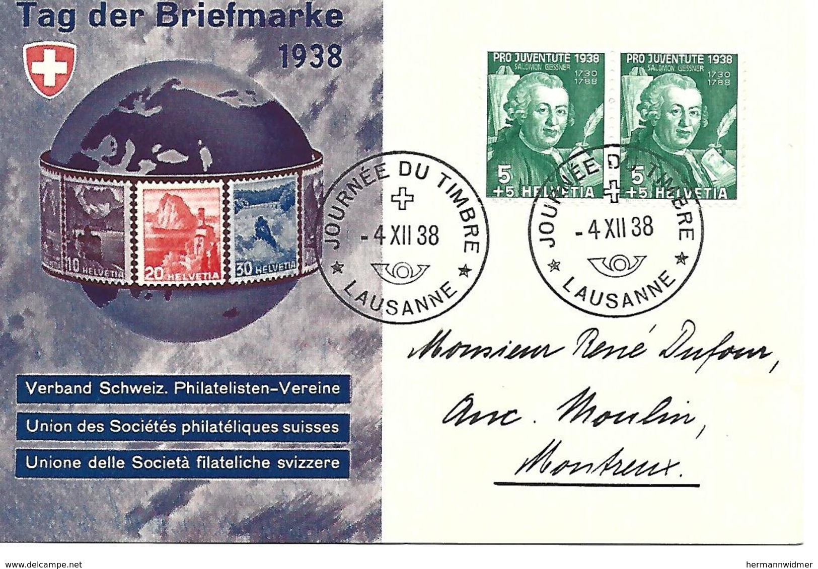 1938, Journée Du Timbre, SM Allemand, Tag Der Briefmarke, Obl. Lausanne 4.XII.38 - Storia Postale