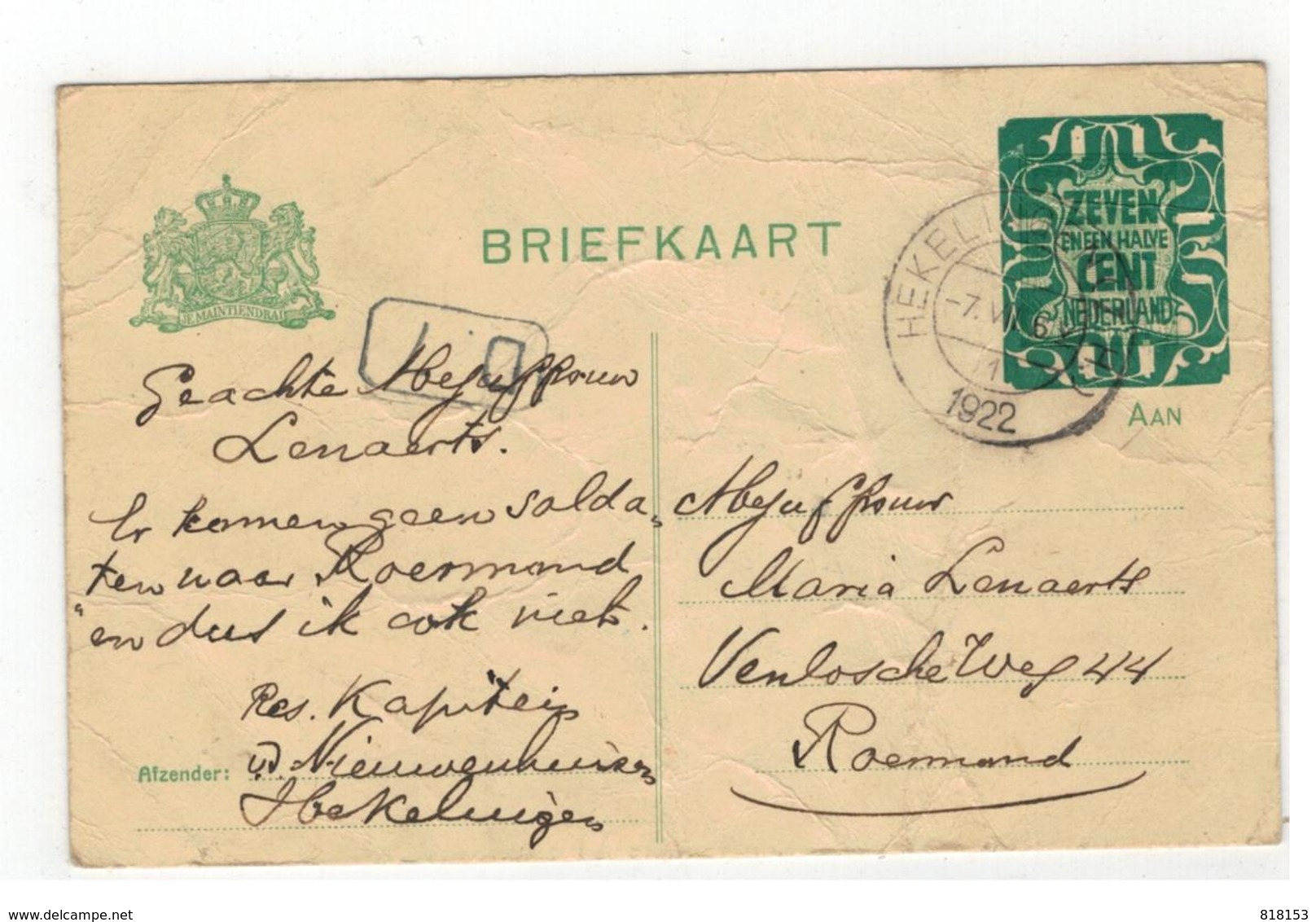 Briefkaart 1922 Verstuurd V Hekelingen Naar Roermond ( Enkele Plooien Zie Scan ) - Postal Stationery