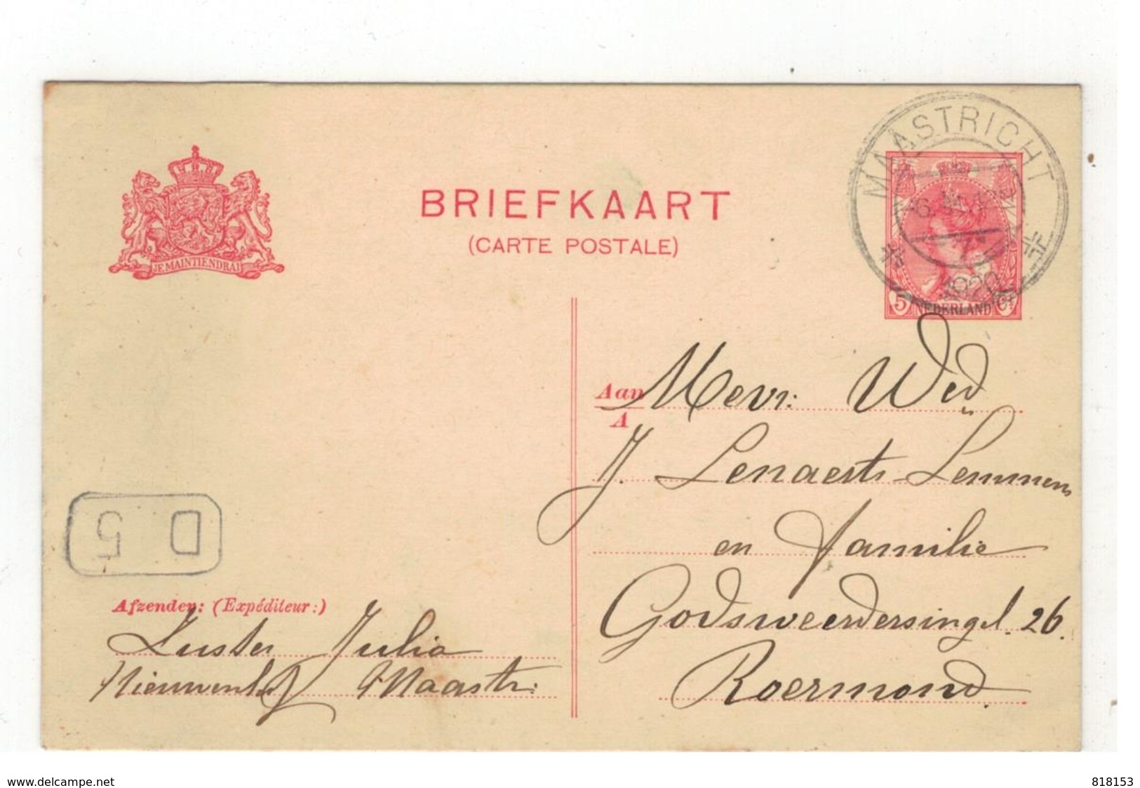 Briefkaart 1920 Verstuurd V MAASTRICHT  Naar Roermond - Postal Stationery