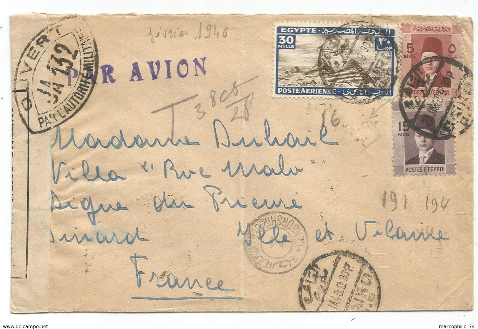 LETTRE AVION EGYPTE CAIRO 1940 POUR DINARD ILLE ET VILAINE FRANCE CENSURE JA 132 - Guerra Del 1939-45