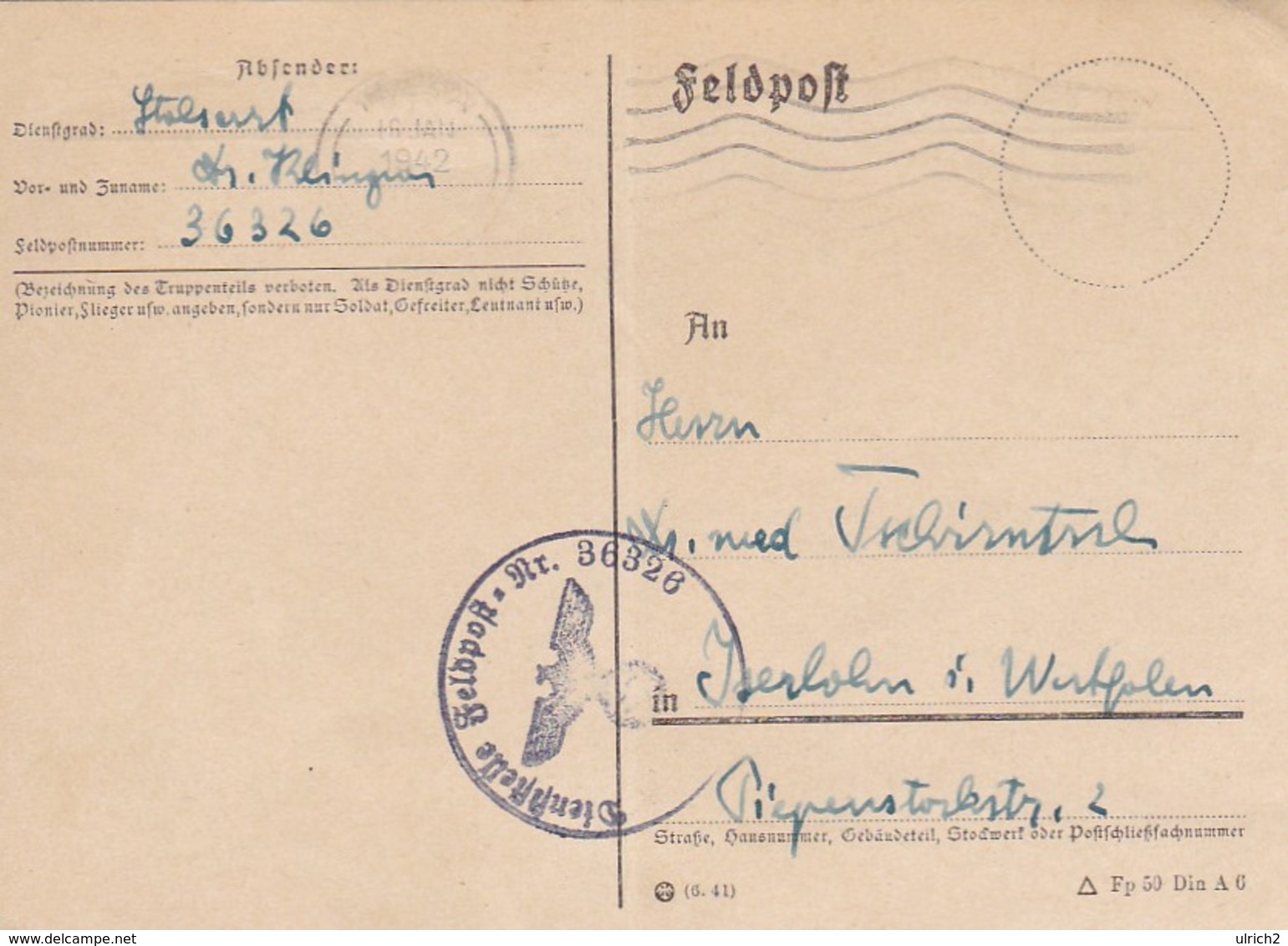 Feldpost - Dienststelle Feldpost Nr. 36326 Nach Iserlohn - 1942  (46253) - Briefe U. Dokumente